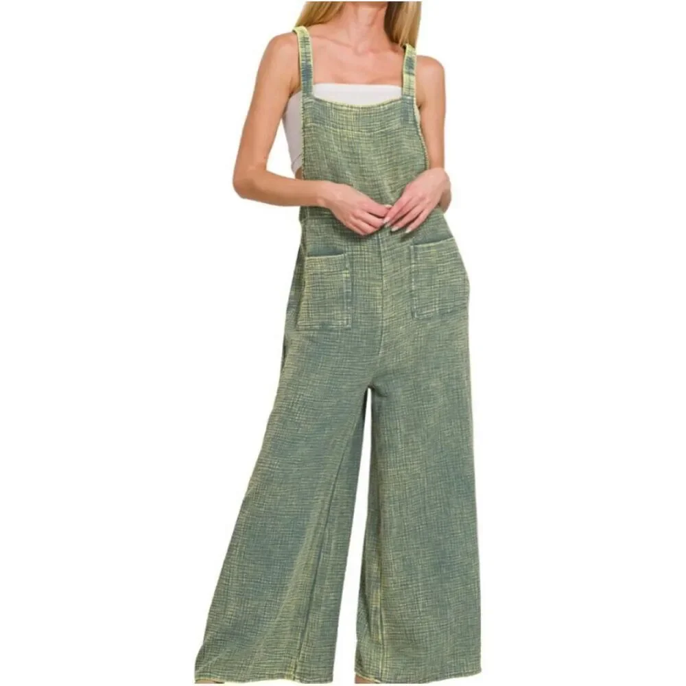 Zenana Green Double Gauze Cotton Wide Leg Overalls Jumpsuit Boho Medium NWT - Picture 3 of 9